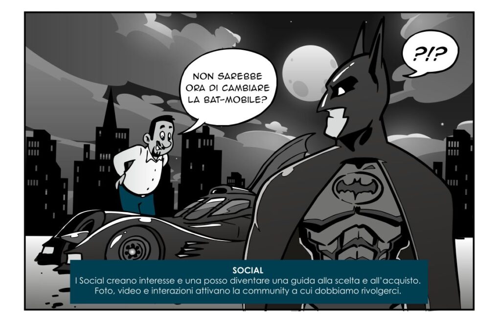 Valentino villanova clericiauto vignetta marketing batman batmobile aziendale